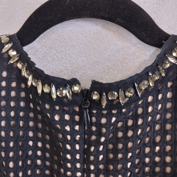Size 2 BCBGMaxAzria Black and Nude Eyelet Dress Rhinestone Jeweled neckline - Picture 4 of 13